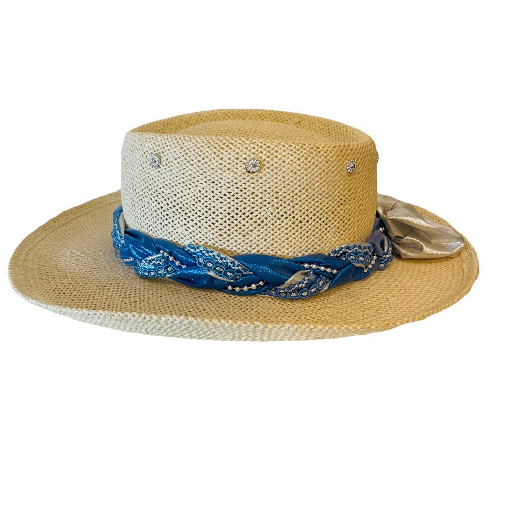 Summer Club Australia Straw Hat Bling Band Bow Off-White Blue Silver OS EUC!
